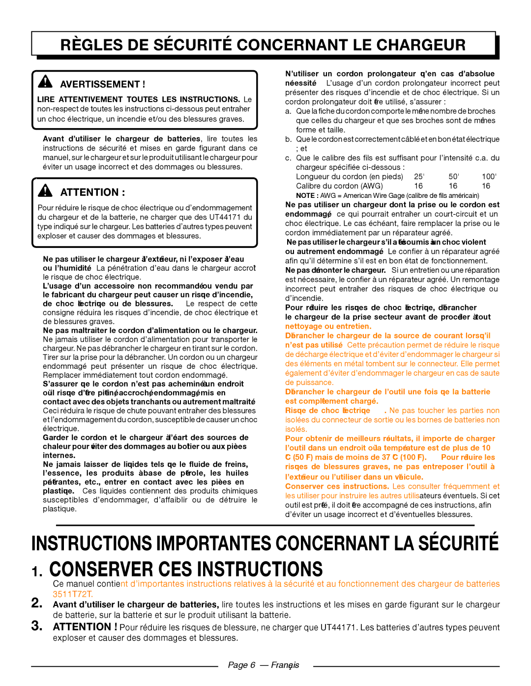 Homelite UT44171 manuel dutilisation Règles DE Sécurité Concernant LE Chargeur, Avertissement !  